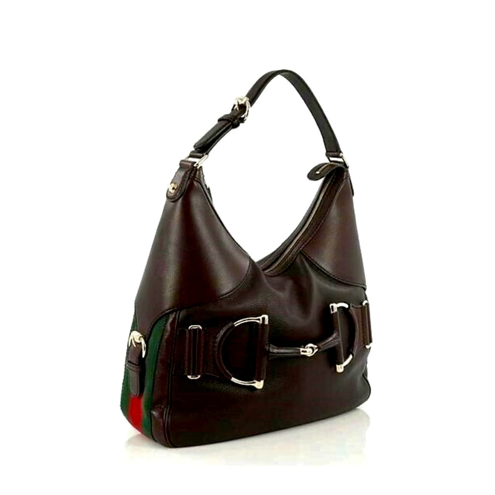 GUCCI Brown Cocoa Leather Horsebit Heritage Web Stripe Hobo